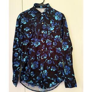 Cowboy Gang Men’s Long Sleeved Black Blue Tropical Hawaiian Floral Shirt Small